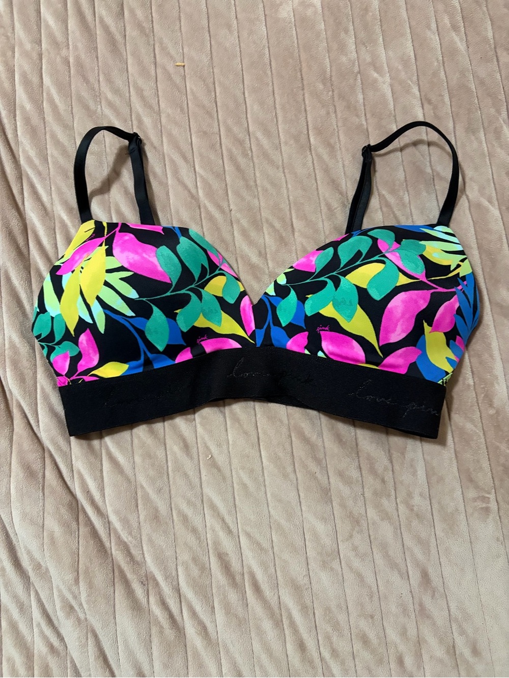 PINK Victoria's Secret Black Wireless Bra with Bright Leaf Print